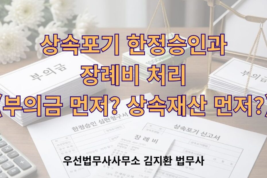 한정승인 및 상속포기 서류와 장례비 영수증, 부의금 봉투가 저울과 함께 놓여 있는 모습