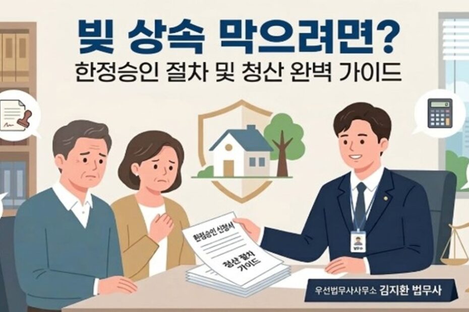 법무사가 상속인들에게 '빚 상속 막으려면?'이라는 제목 하에 한정승인 신청서와 청산 절차 가이드를 보여주며 설명하는 일러스트레이션.