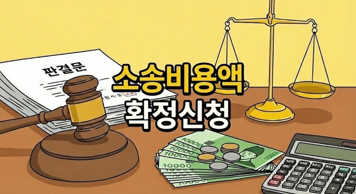 판결문, 법봉, 돈뭉치, 계산기, 저울과 함께 '소송비용액 확정신청' 문구가 있는 만화 스타일의 대표 이미지. 민사소송 비용 산정 및 확정 절차를 나타냄.