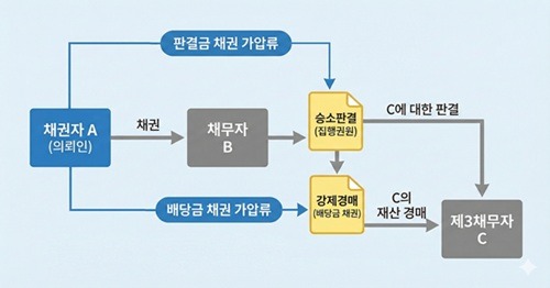채권자 A가 채무자 B의 판결금 채권과 강제경매 배당금 채권을 각각 가압류하는 절차 비교 도식도