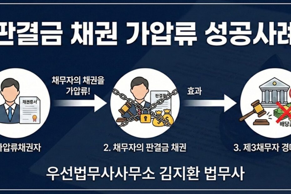 채권자가 채무자의 판결금 채권을 가압류하여 제3채무자의 부동산 강제경매 배당금을 동결시키는 과정을 보여주는 도식도. 김지환 법무사 성공사례.