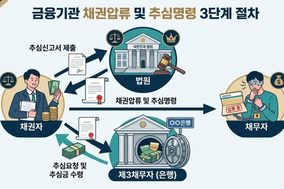 금융기관 채권압류 및 추심명령 3단계 절차를 시각화한 인포그래픽 대표이미지. 법원의 지급명령 결정문이 은행 통장에 압류(자물쇠)를 걸고, 추심요청을 통해 현금화(돈 뭉치)되는 단계를 명확히 설명함.