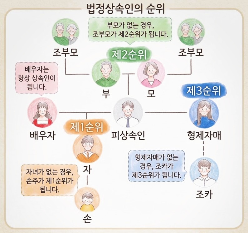 피상속인 기준 제1순위(직계비속), 제2순위(직계존속), 제3순위(형제자매) 및 배우자의 법정상속 순위를 정리한 도표